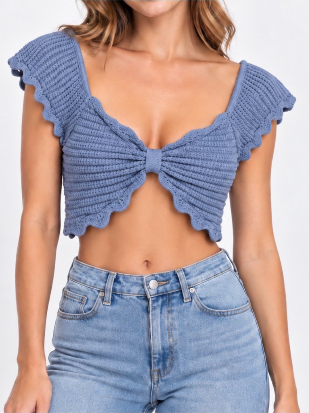 Zara Blue Scalloped Crochet Knit Bow Crop Top